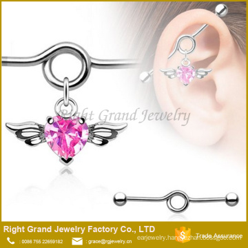 Surgical Steel Pink Clear Heart CZ Angel Wing Charm Dangle Ear Industrial Barbell